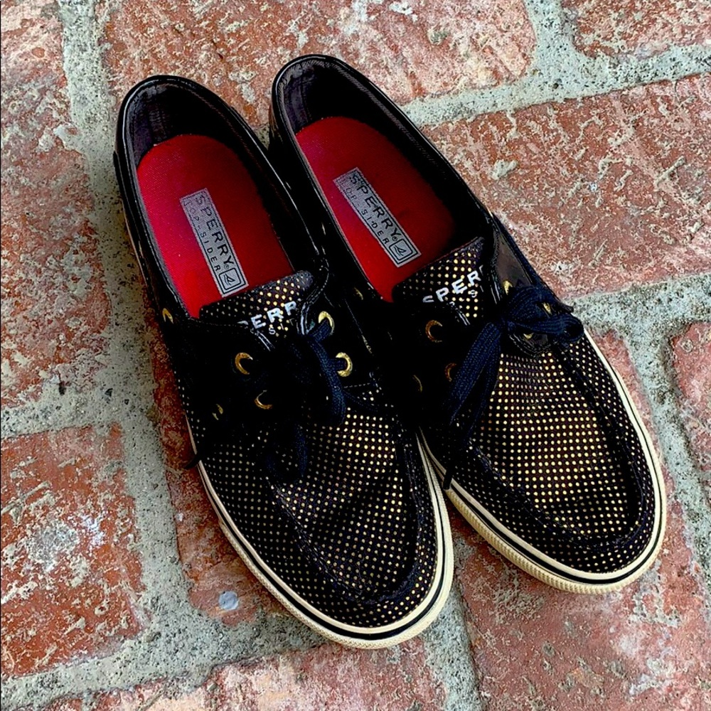 Gold polka dot black Sperry topsiders SZ 6